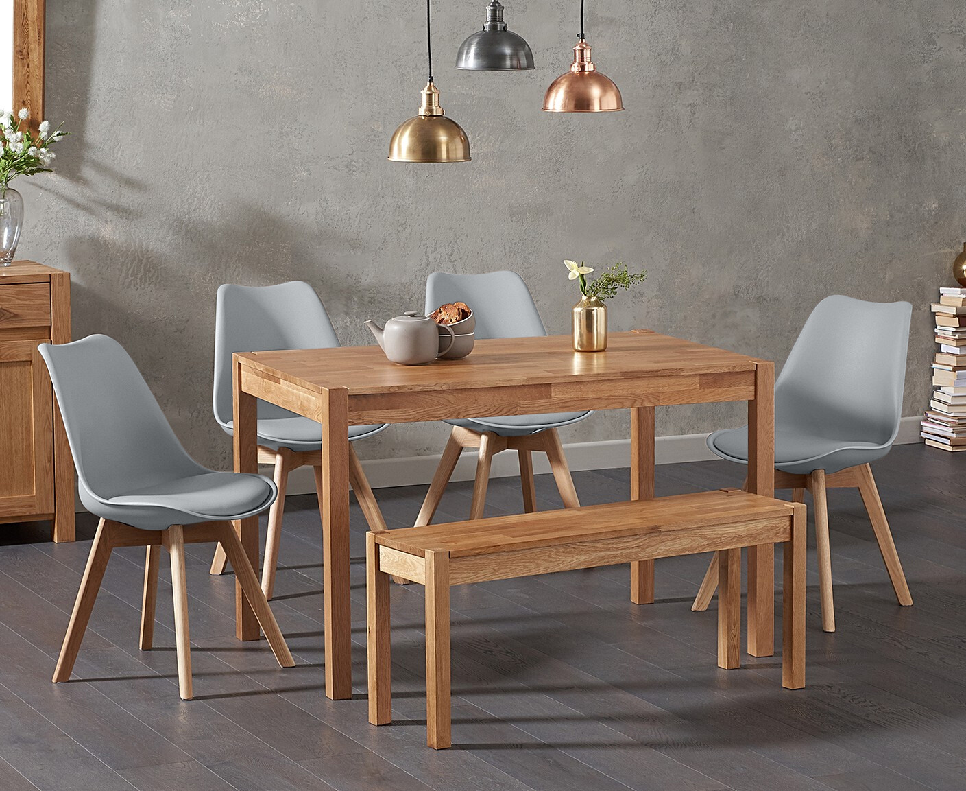 Product photograph of York 120cm Solid Oak Dining Table With 2 Light Grey Orson Faux Leather Chairs And 1 York Bench from Oak Furniture Superstore