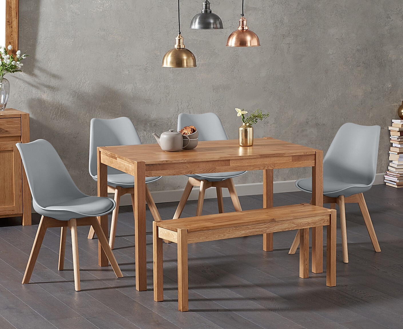 York 120cm Solid Oak Dining Table With 4 White Orson Chairs With 2 Oak Benches