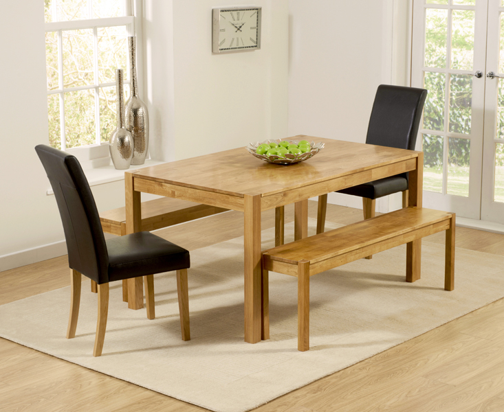 Product photograph of York 150cm Solid Oak Dining Table With 4 Black Olivia Chairs And 2 York Bencheses from Oak Furniture Superstore