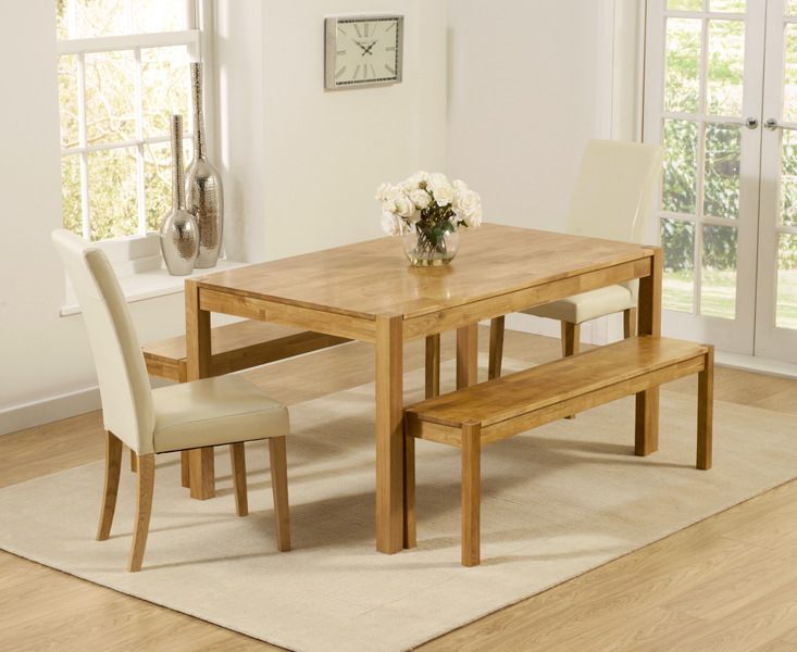 Photo 1 of York 150cm solid oak dining table with 4 cream olivia chairs and 2 york bencheses