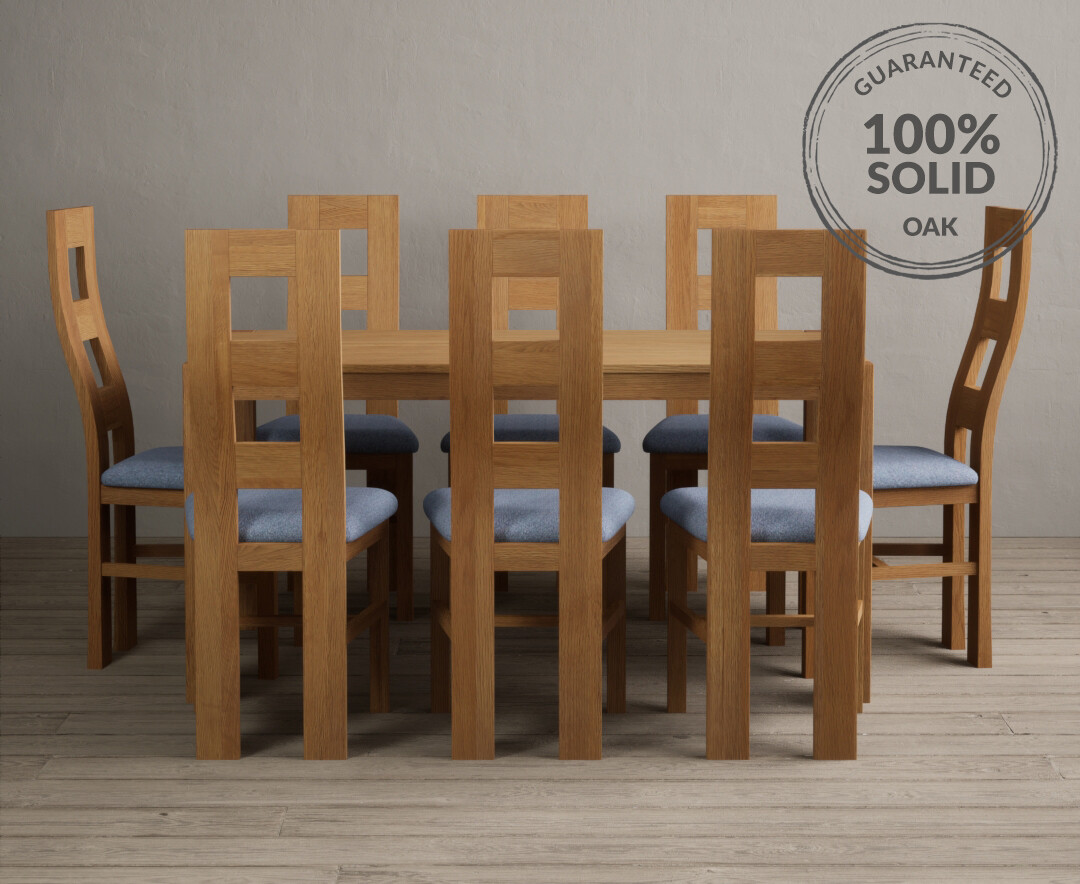 Product photograph of York 150cm Solid Oak Dining Table With 8 Blue Flow Back Chairs from Oak Furniture Superstore