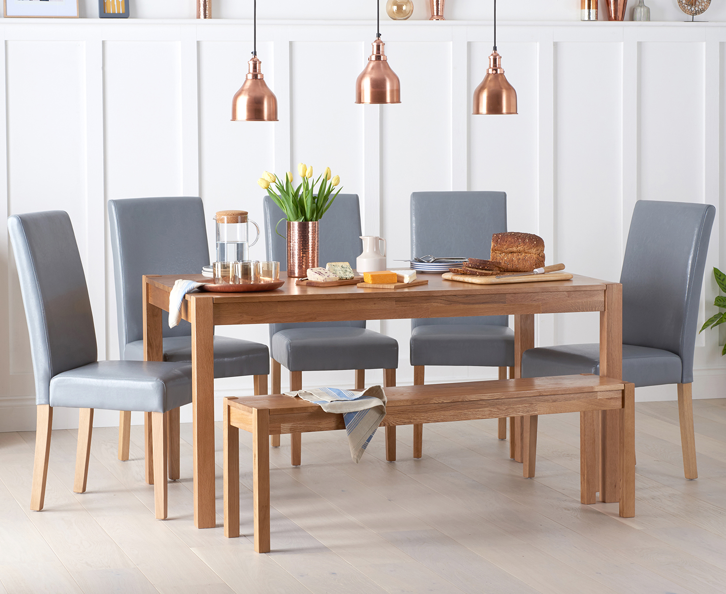 Product photograph of York 150cm Solid Oak Dining Table With 4 Grey Olivia Chairs And 1 York Benches from Oak Furniture Superstore