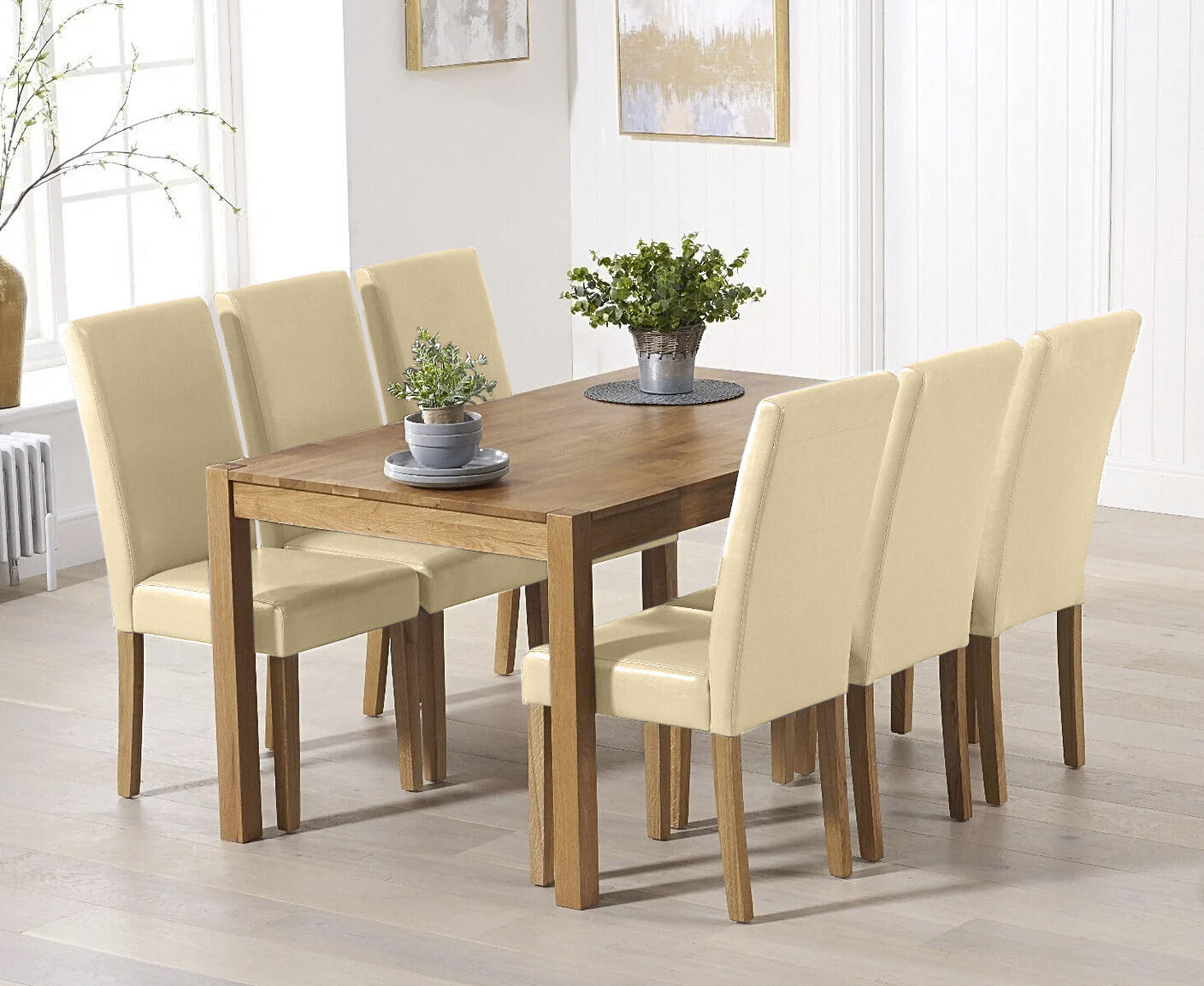 Product photograph of York 150cm Solid Oak Dining Table With 8 Cream Olivia Chairs from Oak Furniture Superstore