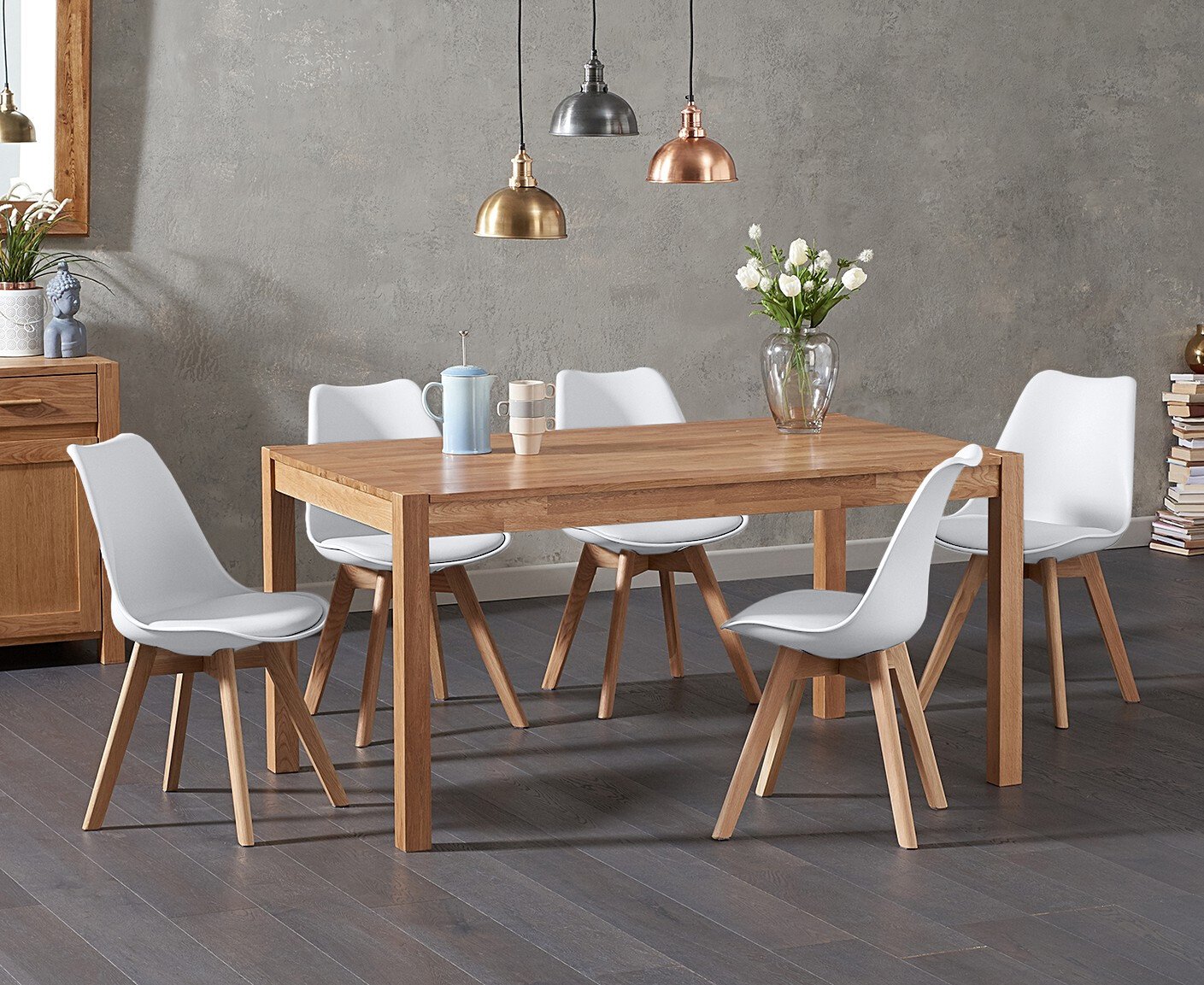 Product photograph of York 150cm Solid Oak Dining Table With 8 White Orson Chairs from Oak Furniture Superstore