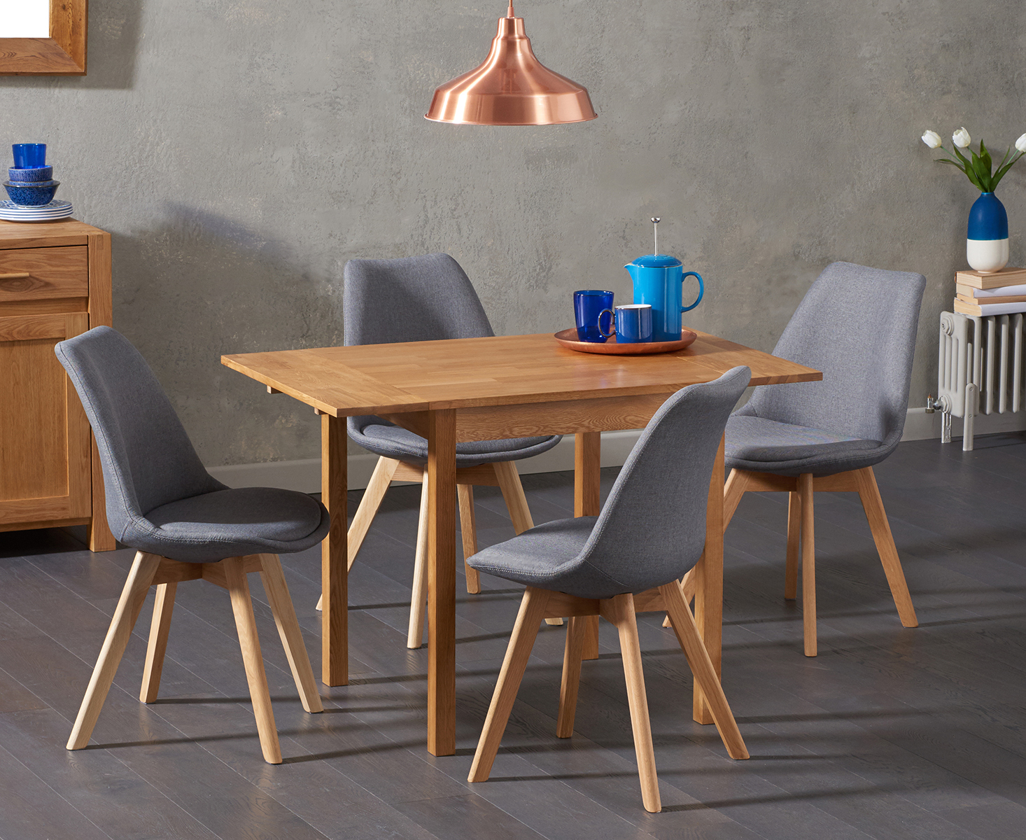 Extending York 70cm Solid Oak Dining Table With 4 Dark Grey Orson Fabric Chairs