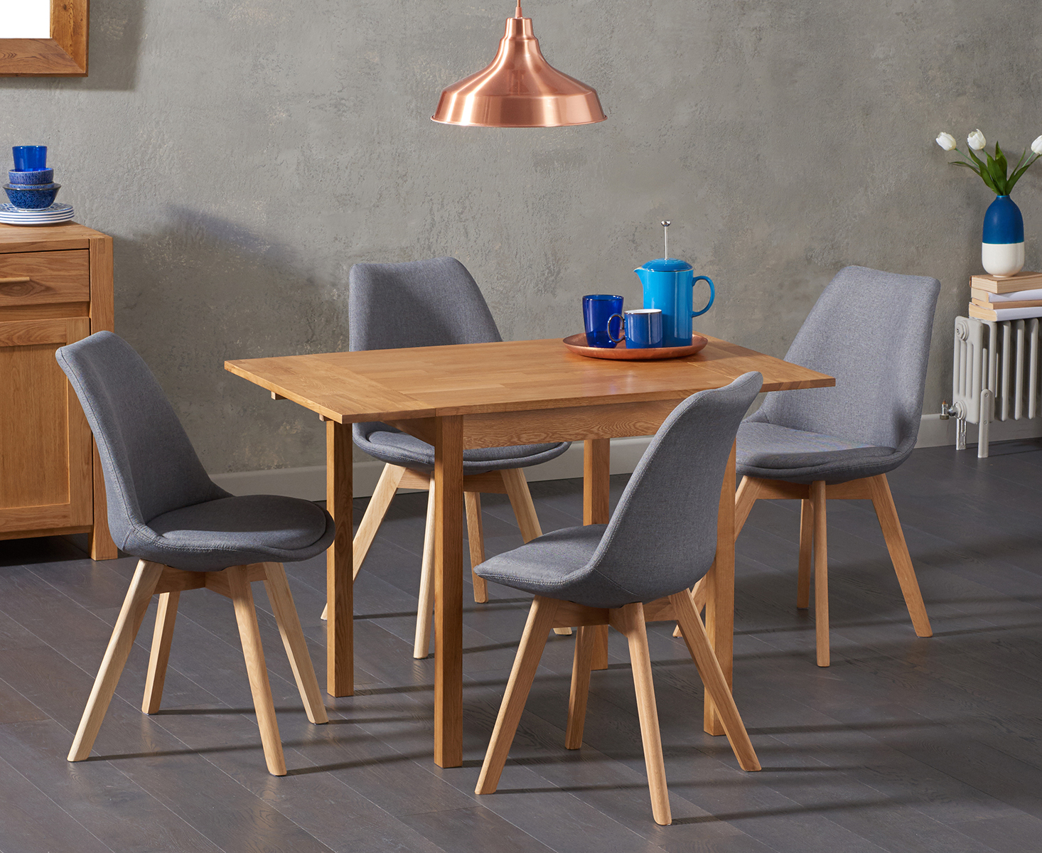 Extending York 70cm Solid Oak Dining Table With 2 Dark Grey Orson Fabric Chairs