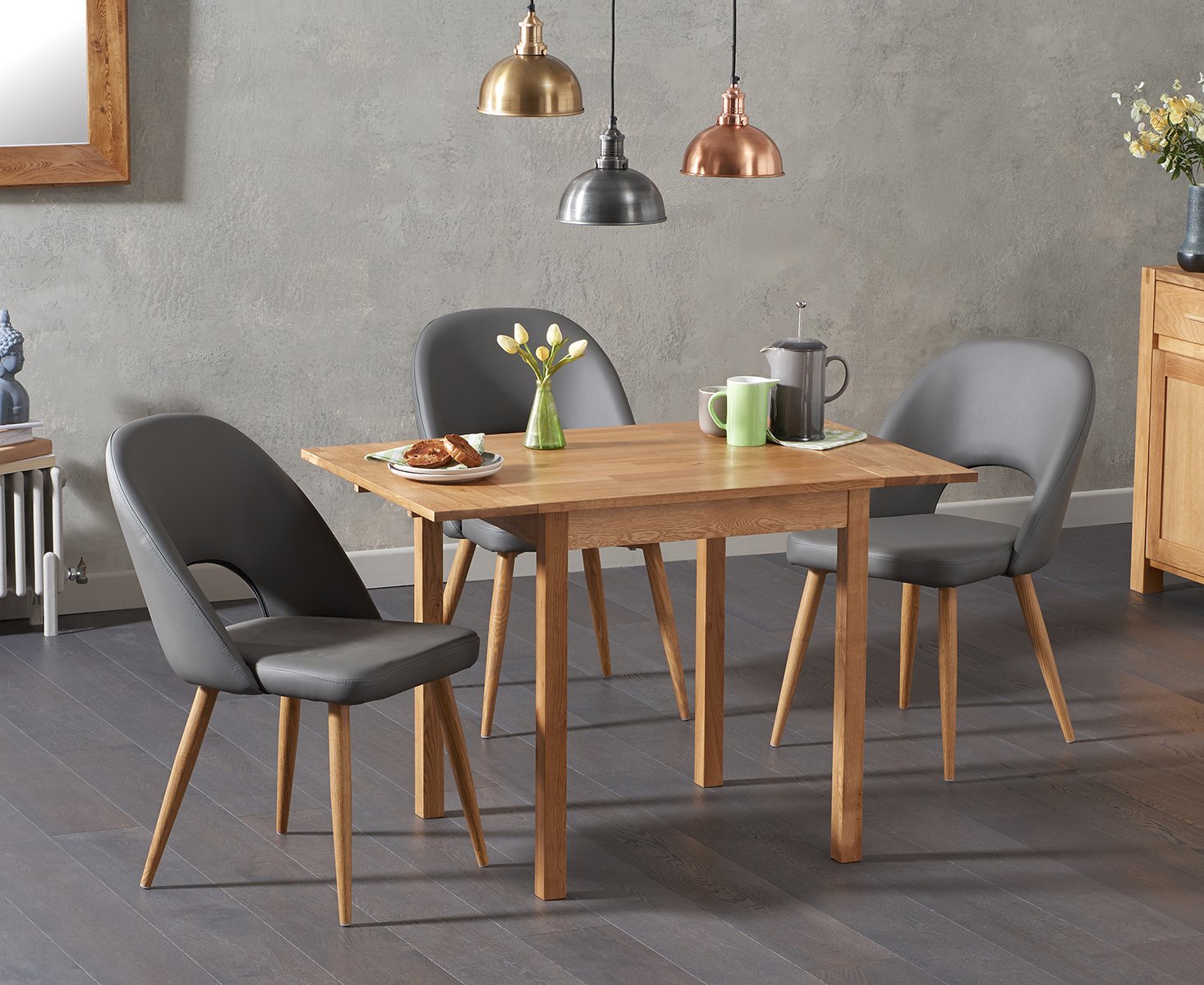 Extending York 70cm Solid Oak Dining Table With 4 Grey Hudson Faux Leather Chairs