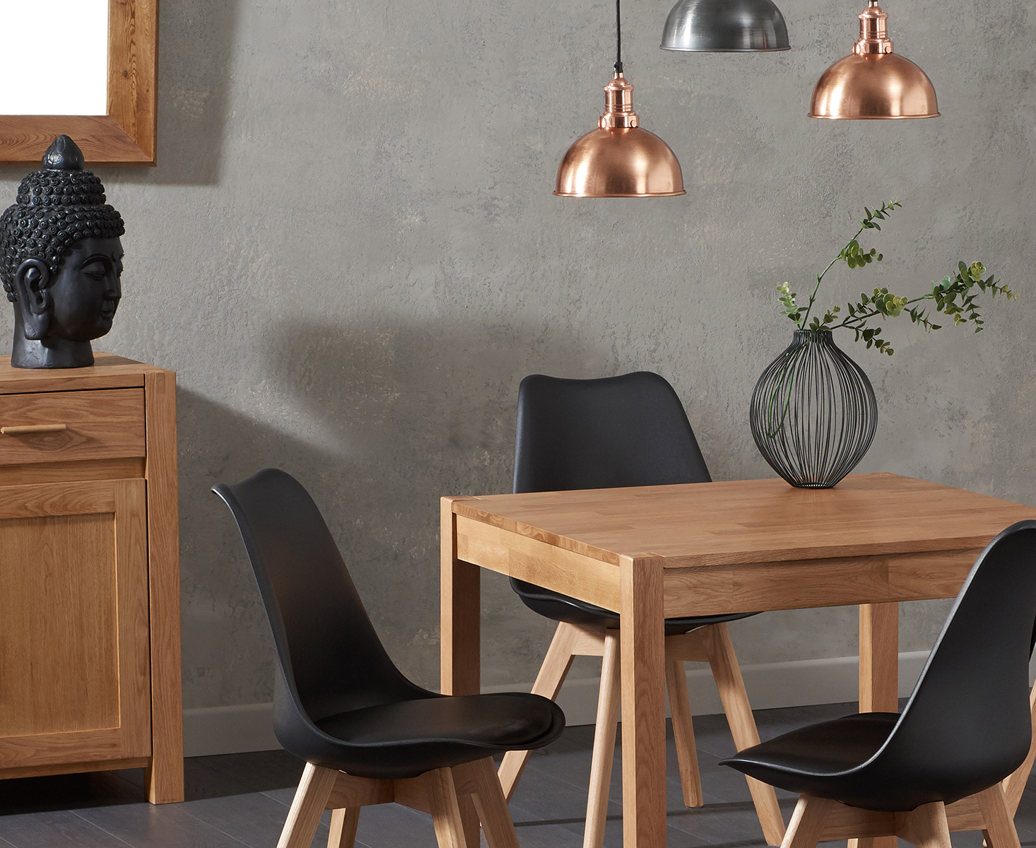 Photo 1 of York 80cm solid oak dining table with 2 dark grey orson faux leather chairs