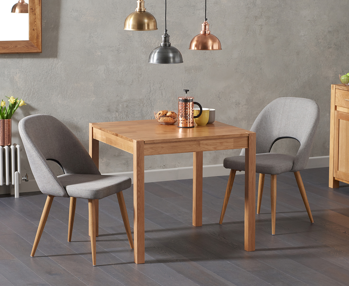 Product photograph of York 80cm Solid Oak Dining Table With 4 Grey Hudson Fabric Chairs from Oak Furniture Superstore