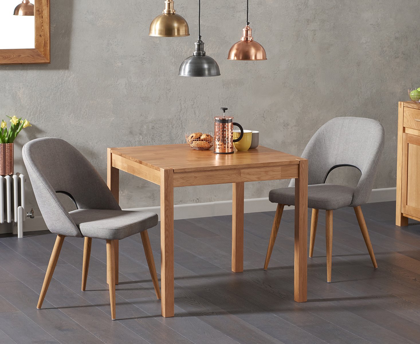 York 80cm Solid Oak Dining Table With 4 Grey Hudson Fabric Chairs