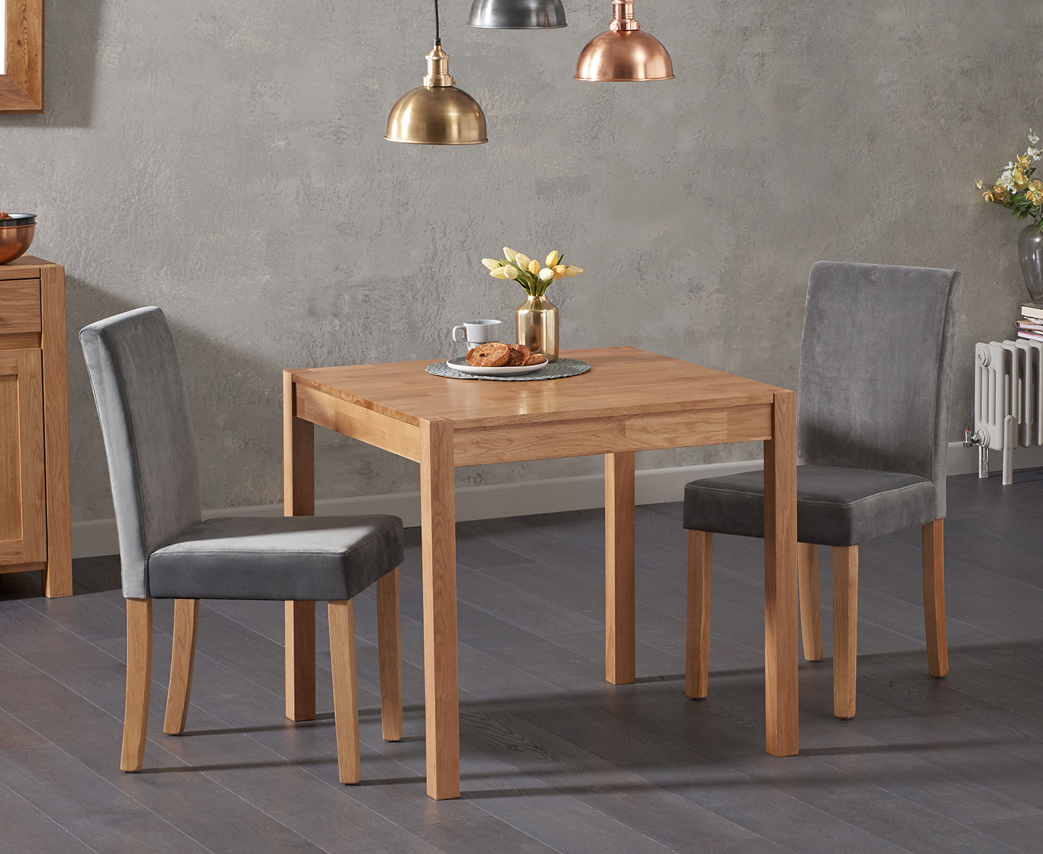 Product photograph of York 80cm Solid Oak Dining Table With 2 Grey Lila Velvet Chairs from Oak Furniture Superstore