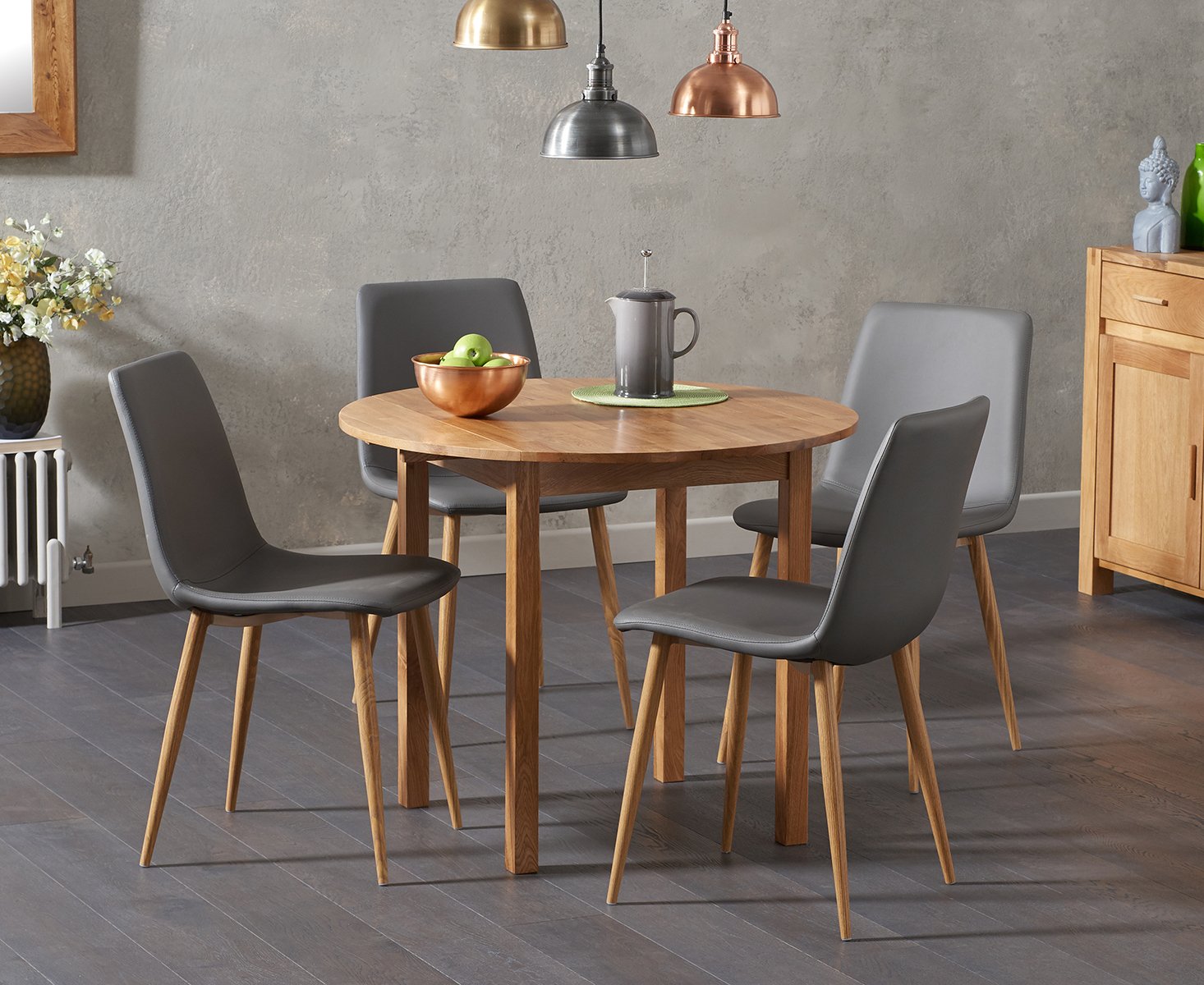 Extending York 90cm Solid Oak Drop Leaf Dining Table With 2 Grey Astrid Faux Leather Chairs