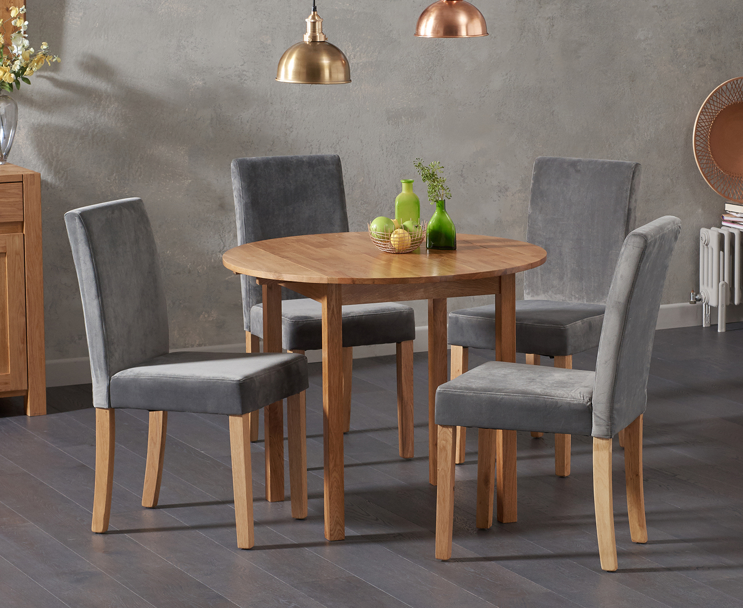 Extending York 90cm Solid Oak Drop Leaf Dining Table With 4 Grey Lila Velvet Chairs