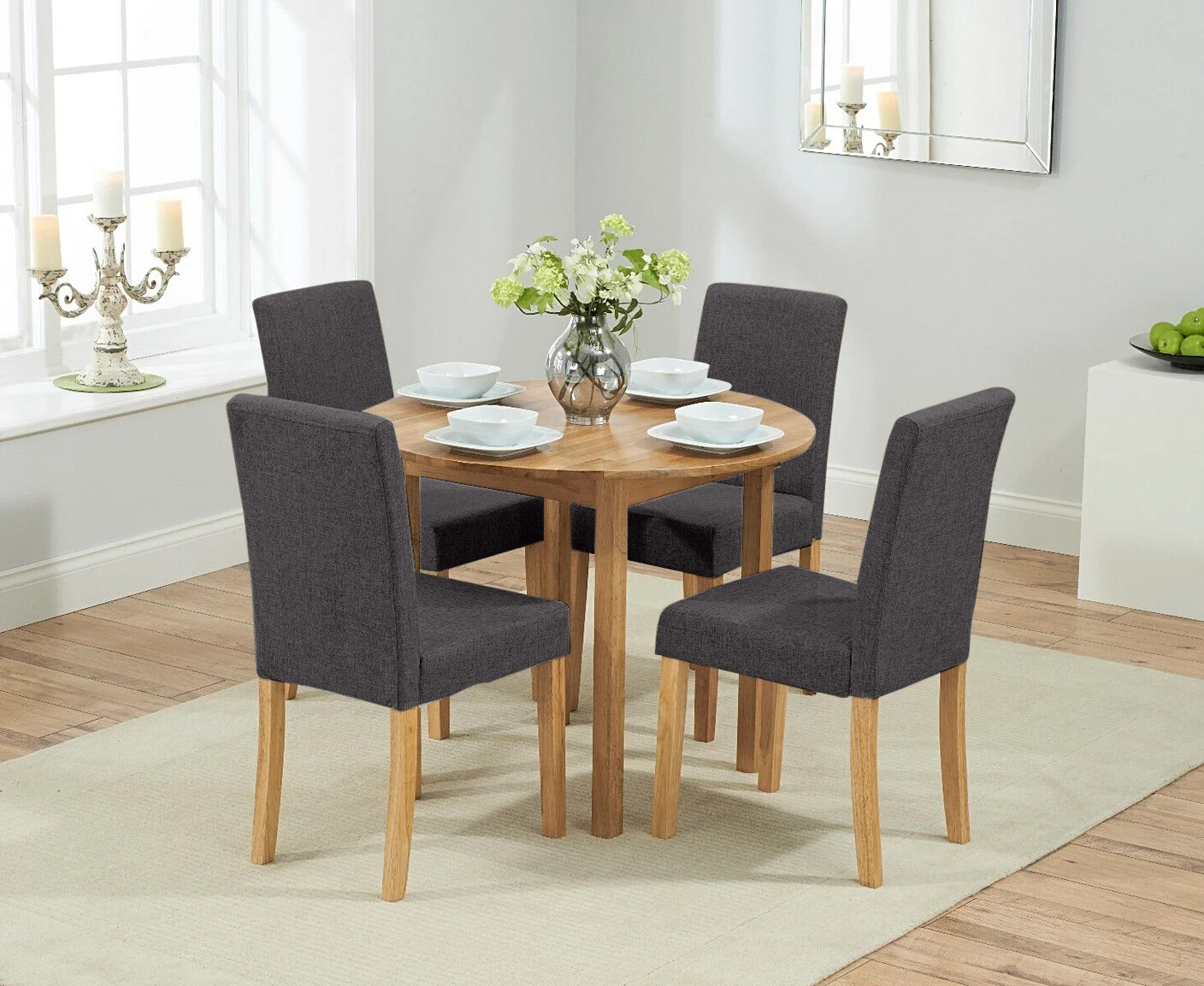 Product photograph of Extending York 90cm Solid Oak Dining Table With 2 Charcoal Grey Lila Chairs from Oak Furniture Superstore