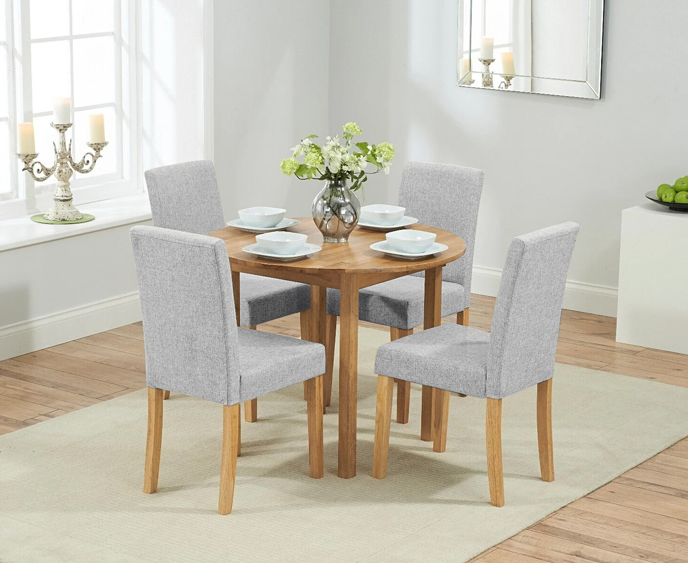 Product photograph of Extending York 90cm Solid Oak Dining Table With 4 Grey Lila Chairs from Oak Furniture Superstore