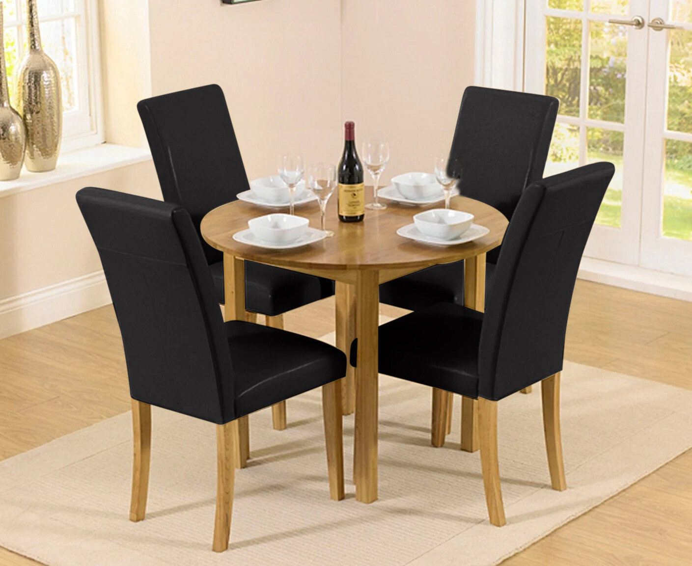 Product photograph of Extending York 90cm Solid Oak Drop Leaf Dining Table With 2 Black Olivia Chairs from Oak Furniture Superstore