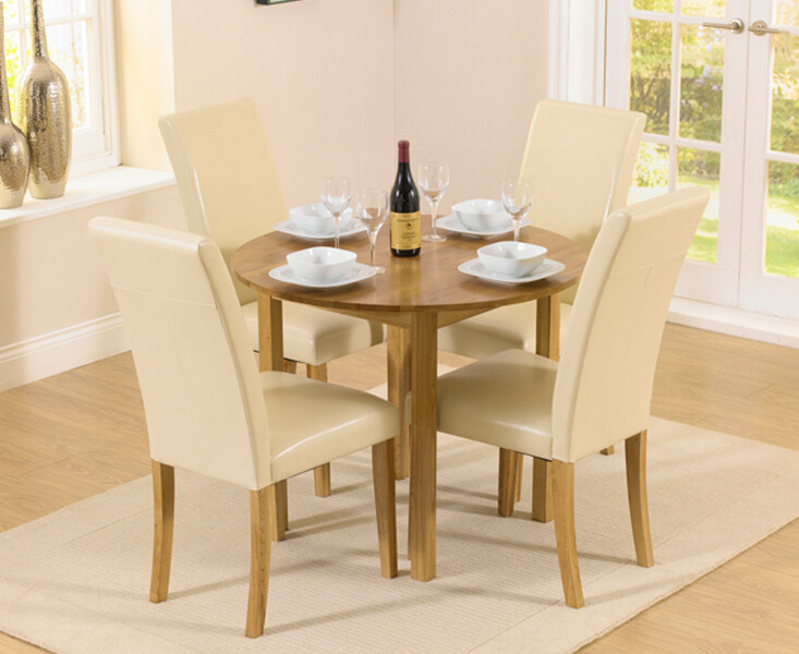 Extending York 90cm Solid Oak Drop Leaf Dining Table With 4 Cream Olivia Chairs