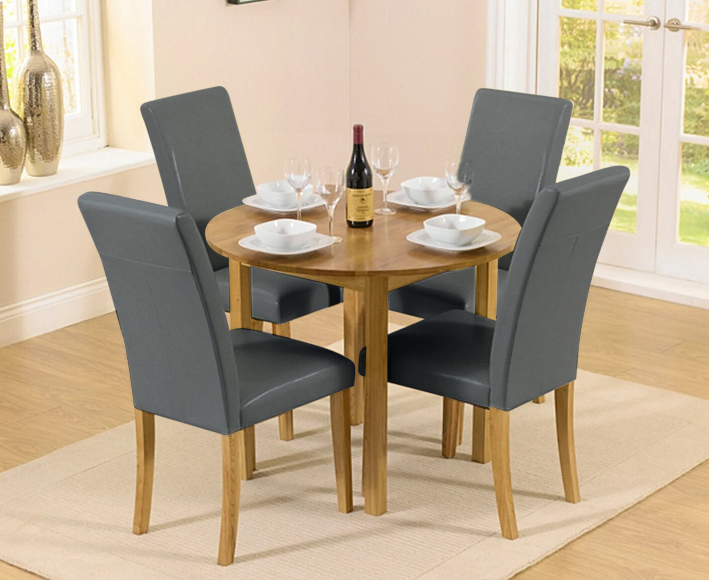 Extending York 90cm Solid Oak Drop Leaf Dining Table With 2 Grey Olivia Chairs