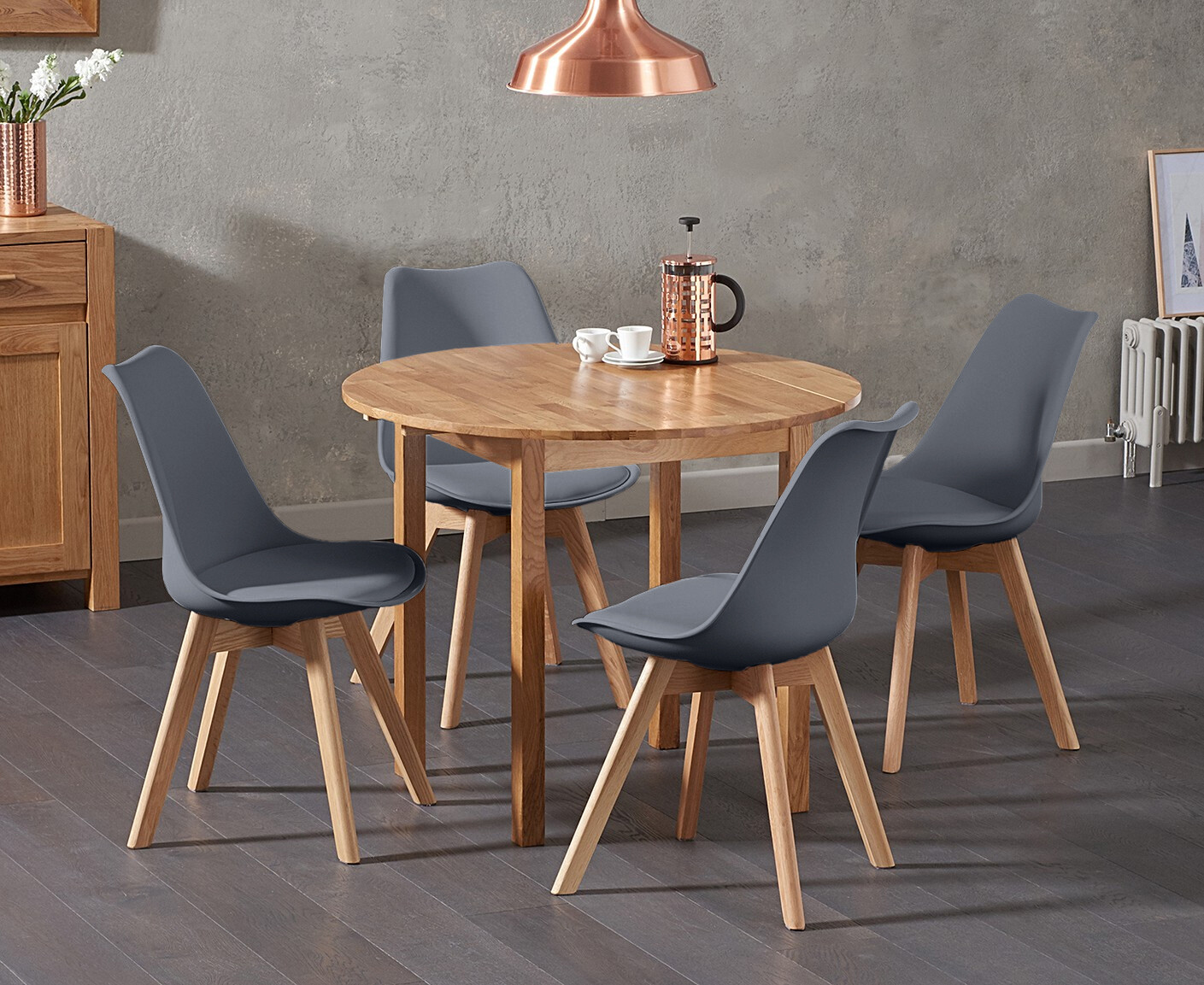 Extending York 90cm Solid Oak Drop Leaf Dining Table With 2 Dark Grey Orson Faux Leather Chairs