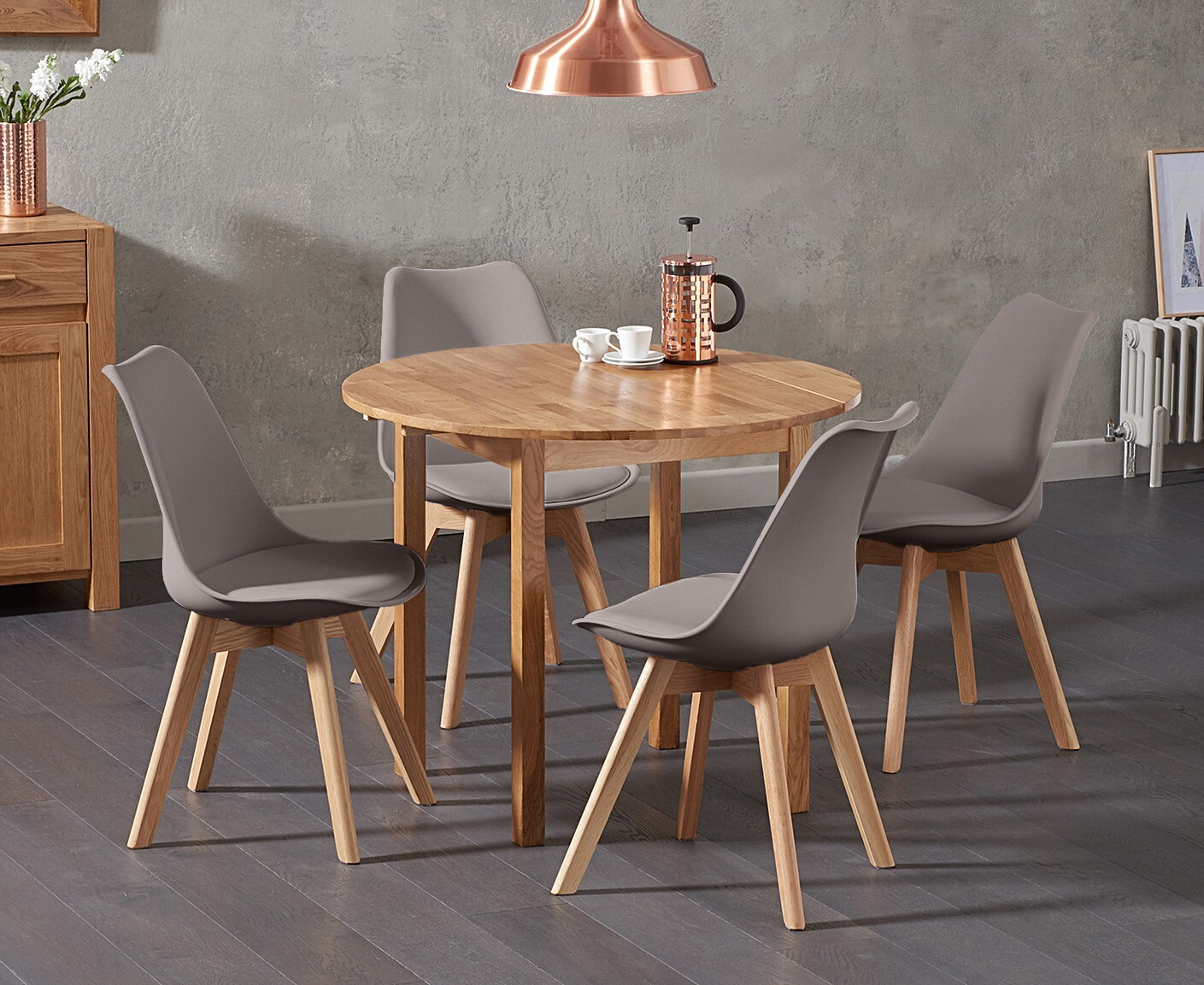 Product photograph of Extending York 90cm Solid Oak Drop Leaf Dining Table With 4 Mink Orson Faux Leather Chairs from Oak Furniture Superstore