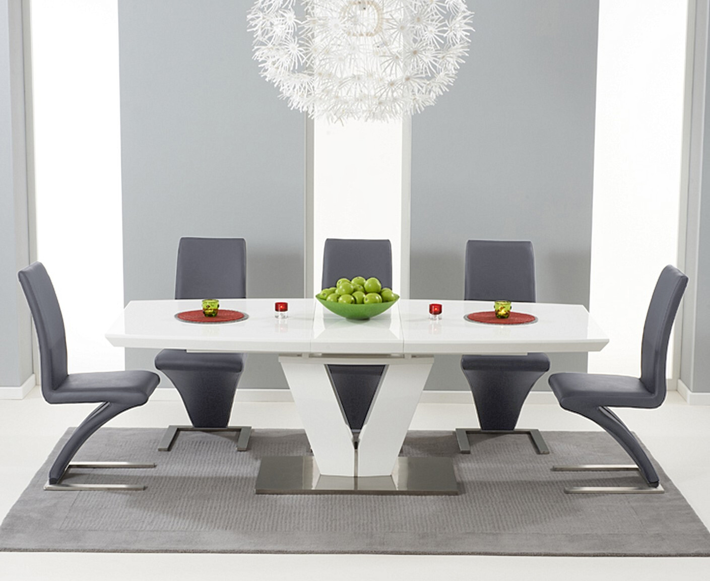 Extending Palermo 180cm White High Gloss Dining Table With 6 Grey Aldo Chairs