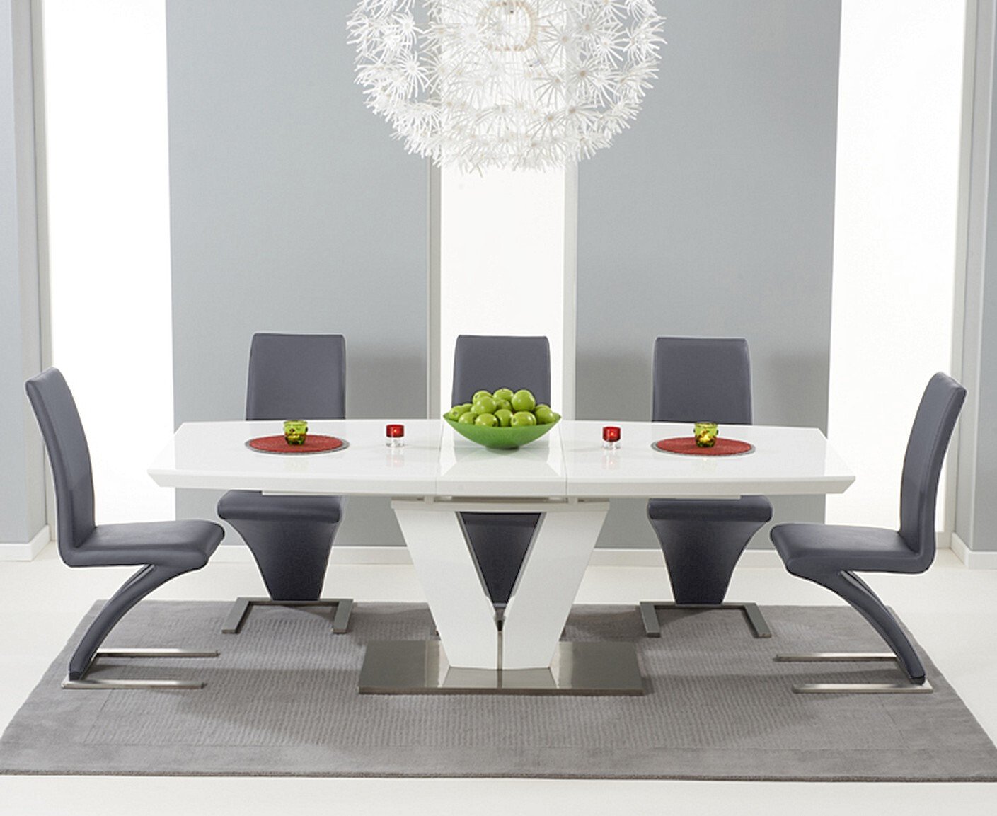 Extending Palermo 180cm White High Gloss Dining Table With 6 Grey Aldo Chairs