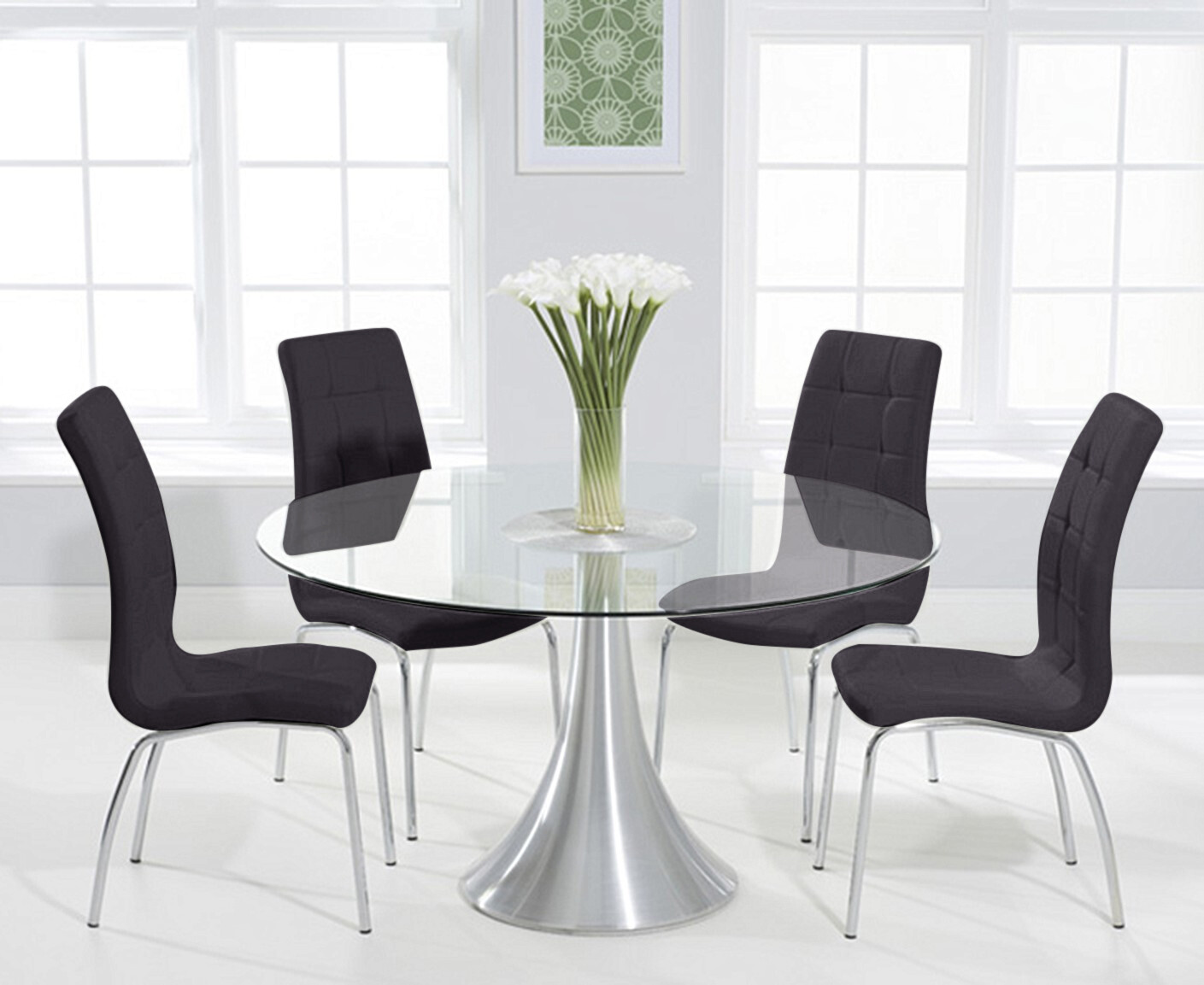 Product photograph of Paloma 135cm Round Glass Dining Table With 6 Black Enzo Chairs from Oak Furniture Superstore