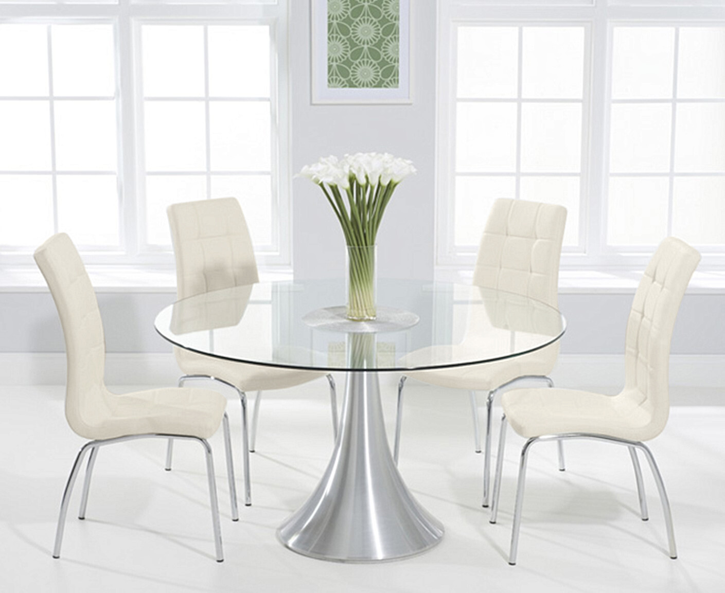Photo 1 of Paloma 135cm round glass dining table with 4 white enzo chairs