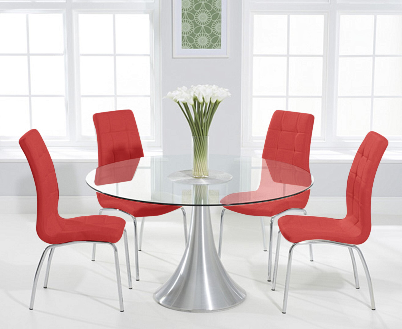 Photo 3 of Paloma 135cm round glass dining table with 6 white enzo chairs