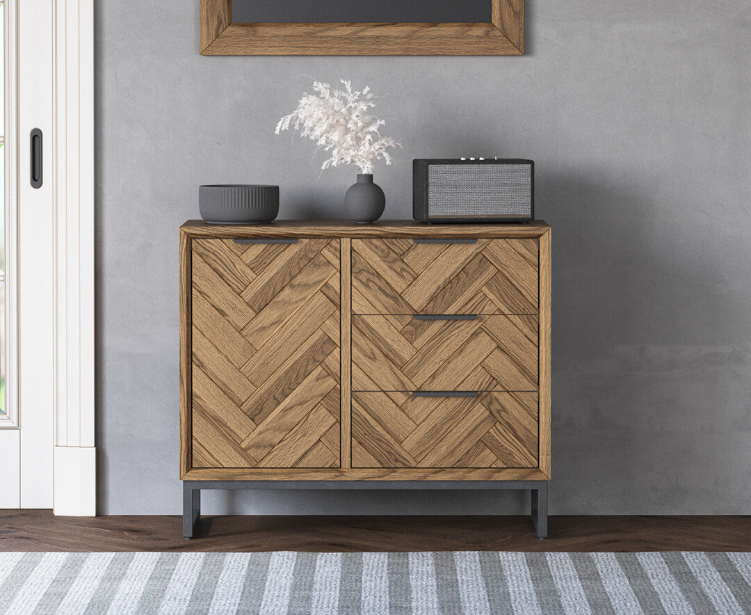 Product photograph of Herringbone Solid Oak Small Sideboard from Oak Furniture Superstore
