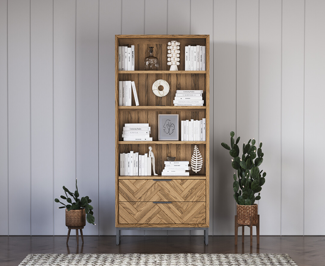 Product photograph of Herringbone Solid Oak Tall Bookcase from Oak Furniture Superstore