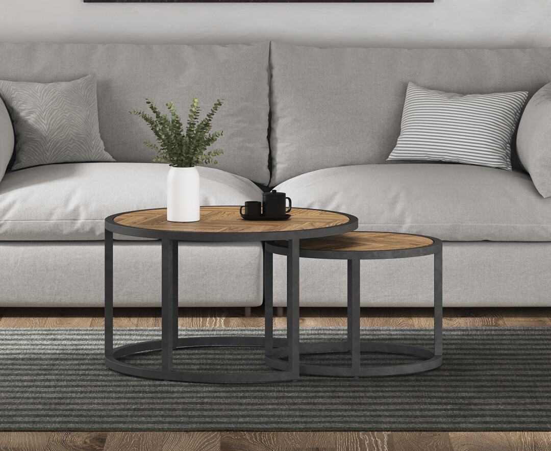 Product photograph of Herringbone Solid Oak Round Nest Of Tables from Oak Furniture Superstore