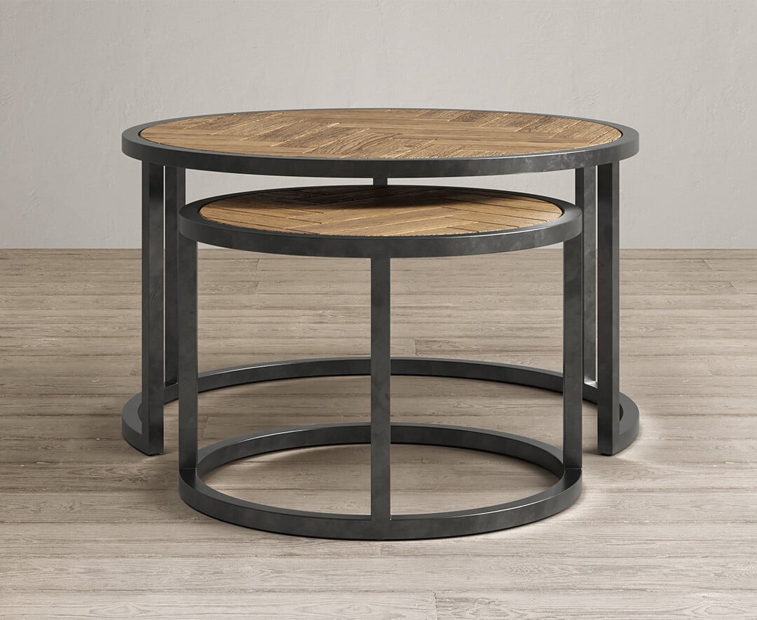 Herringbone Solid Oak Round Nest Of Tables