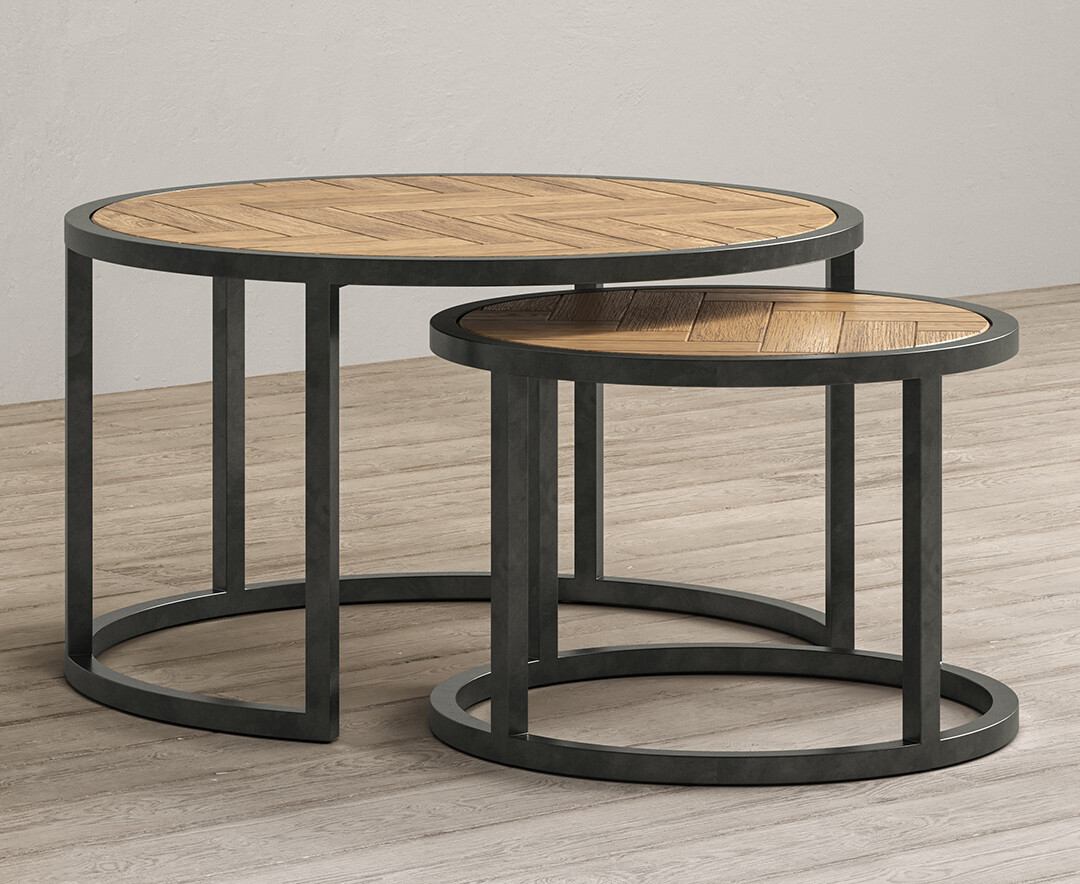 Product photograph of Herringbone Solid Oak Round Nest Of Tables from Oak Furniture Superstore.
