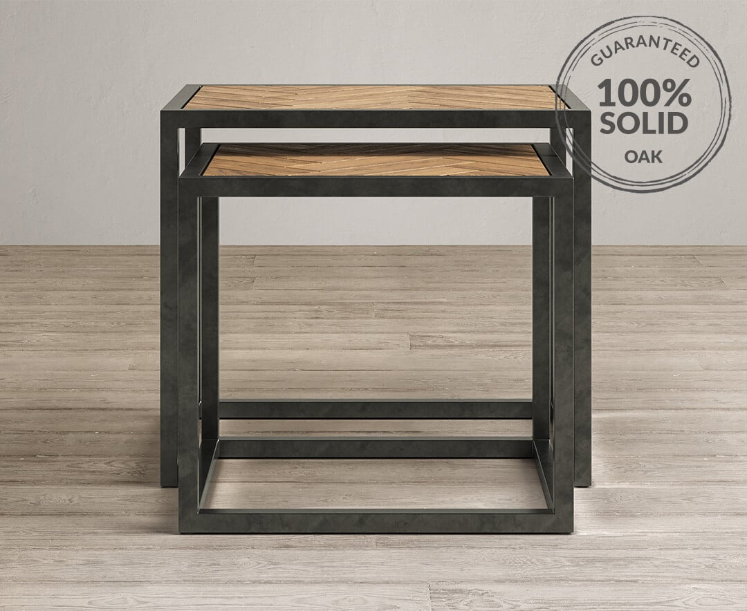 Oak and metal nest of shop tables