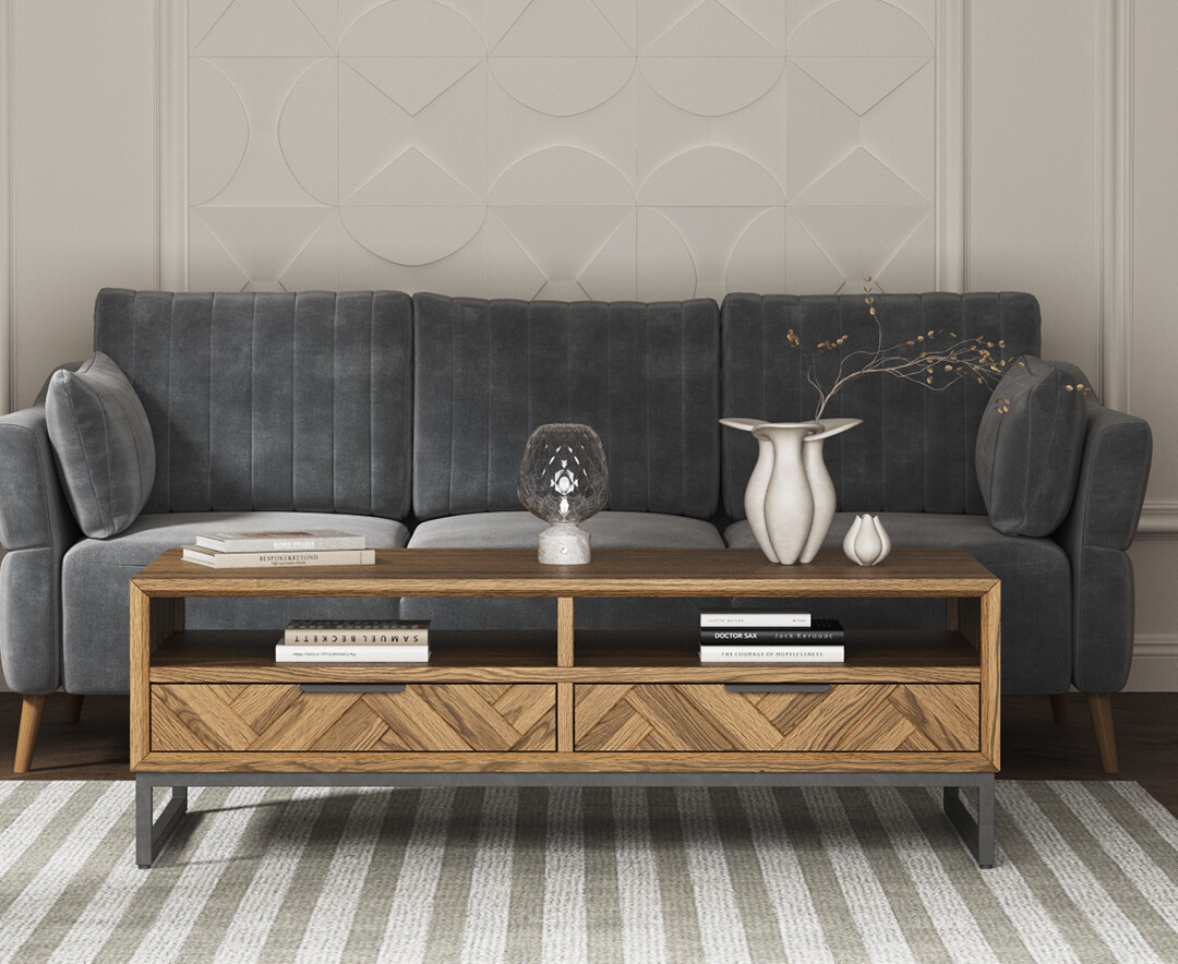 Product photograph of Herringbone Solid Oak 4 Drawer Coffee Table from Oak Furniture Superstore