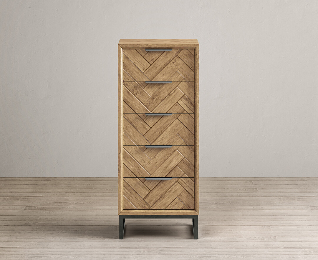 Herringbone Solid Oak 5 Drawer Tallboy Chest