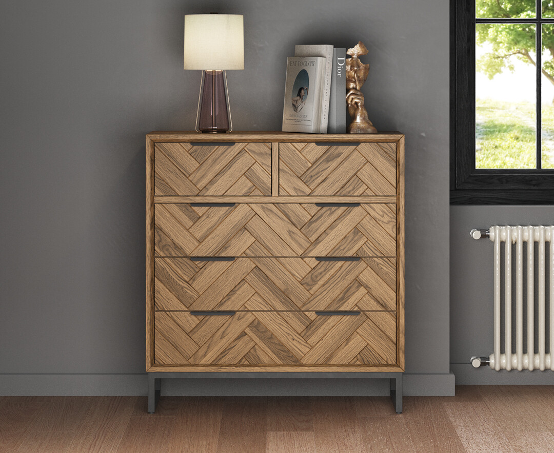 Product photograph of Herringbone Solid Oak 2 Over 3 Chest Of Drawers from Oak Furniture Superstore