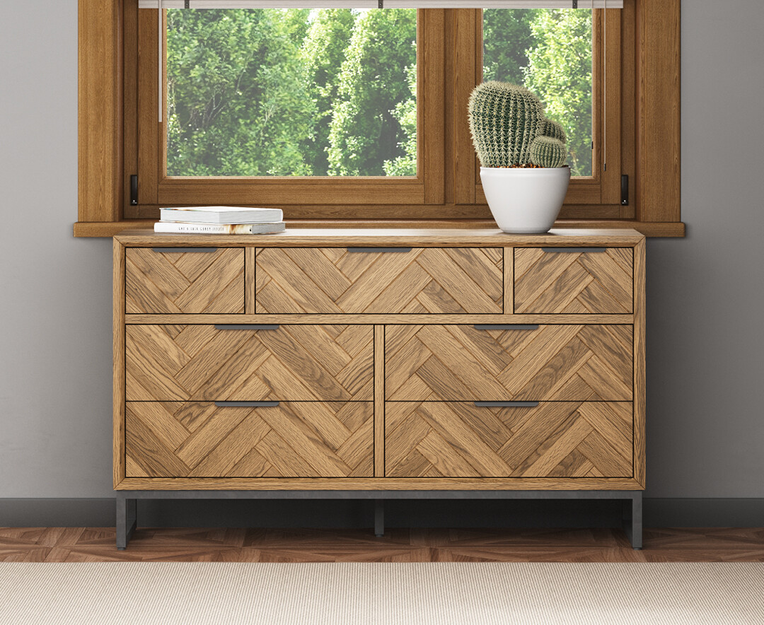 Product photograph of Herringbone Solid Oak Wide Chest Of Drawers from Oak Furniture Superstore