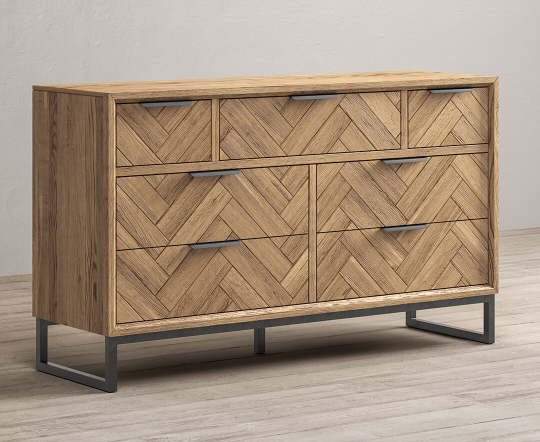 Product photograph of Herringbone Solid Oak Wide Chest Of Drawers from Oak Furniture Superstore.