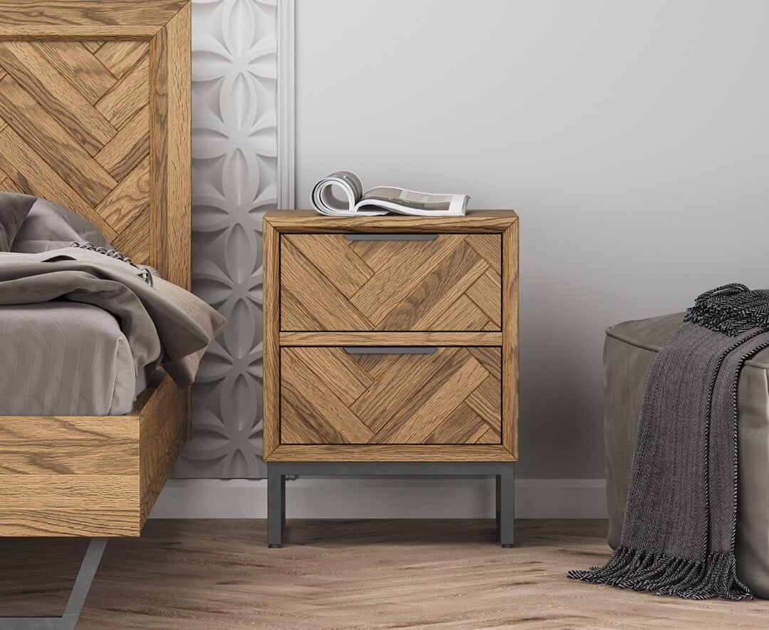 Herringbone Solid Oak 2 Drawer Bedside Table