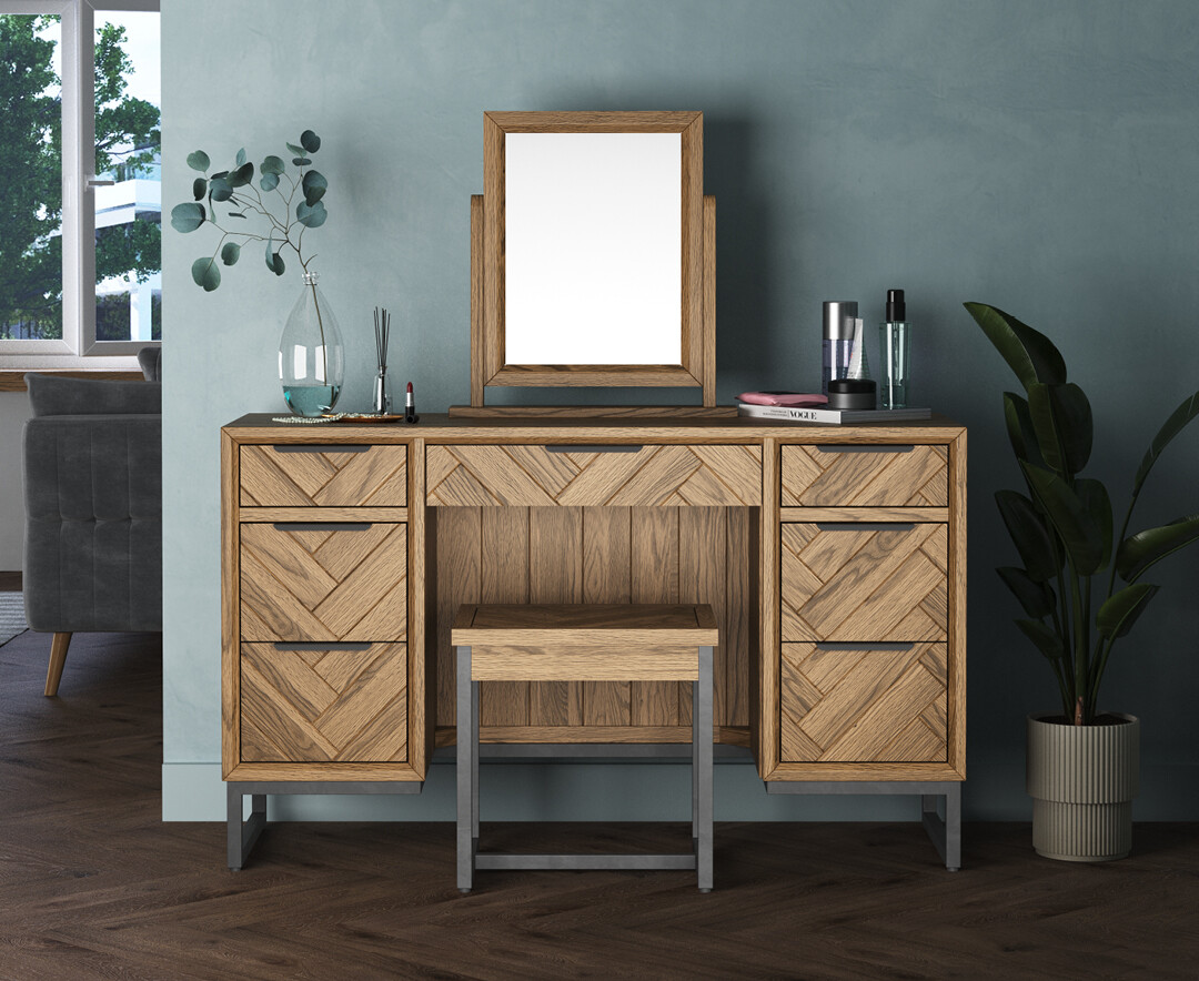 Product photograph of Herringbone Solid Oak Dressing Table Set from Oak Furniture Superstore