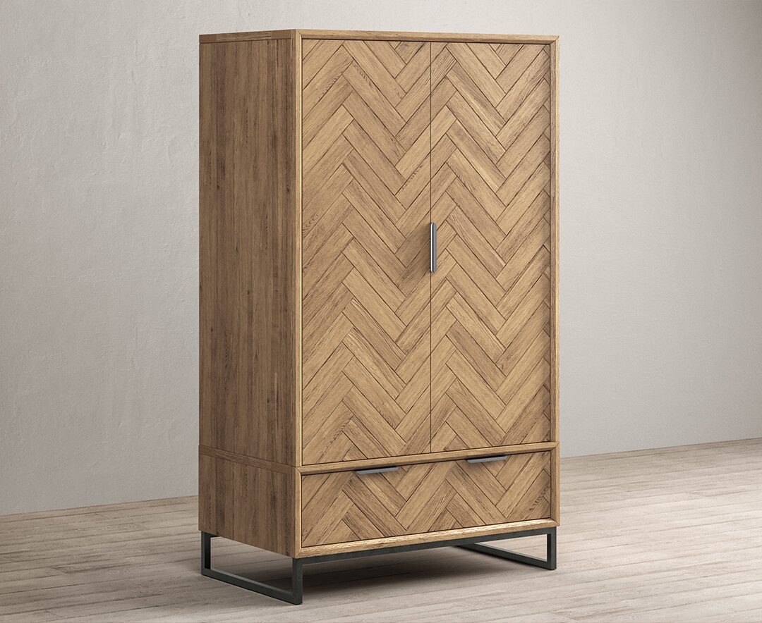Product photograph of Herringbone Solid Oak Double Wardrobe from Oak Furniture Superstore.