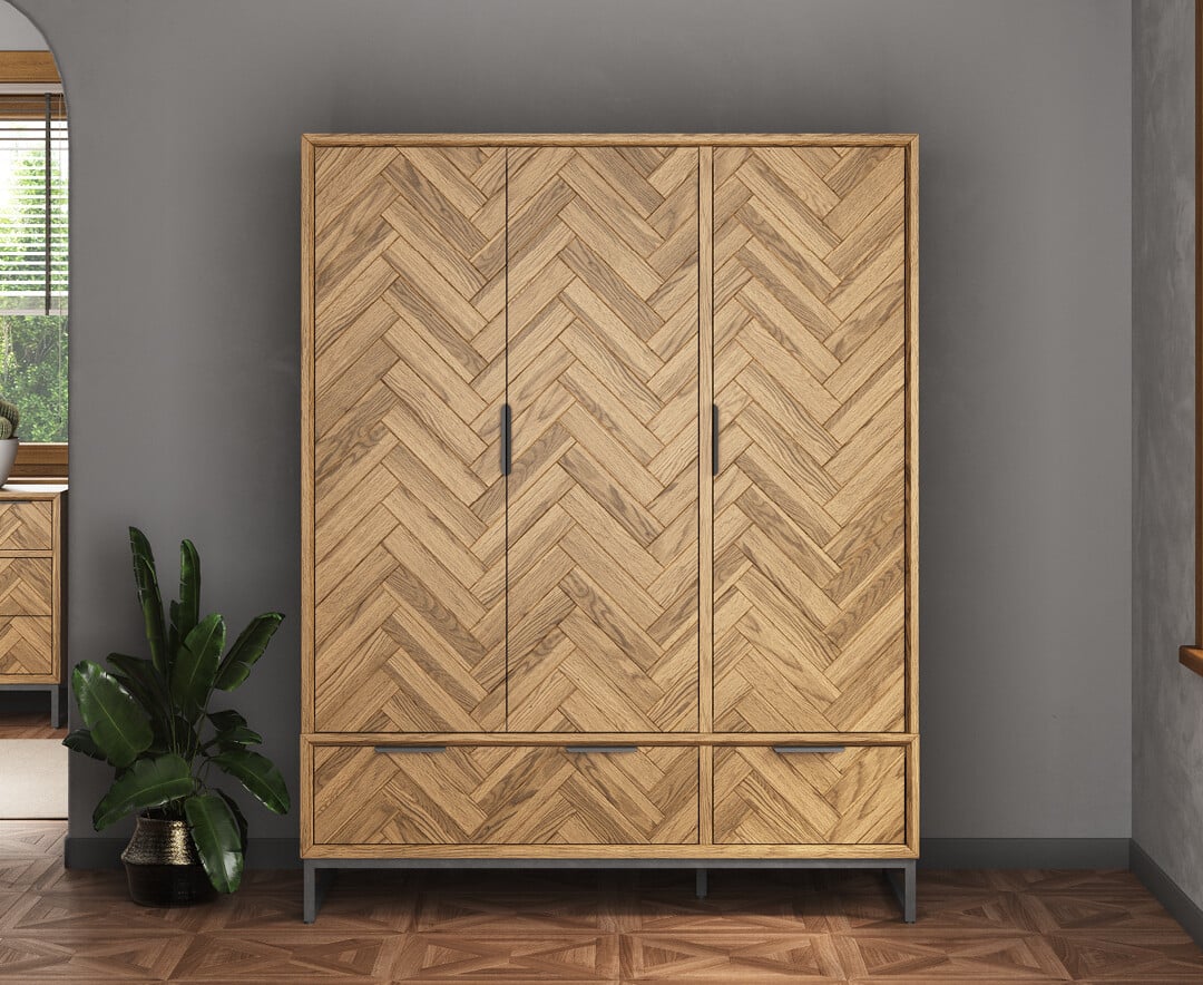 Herringbone Solid Oak Triple Wardrobe