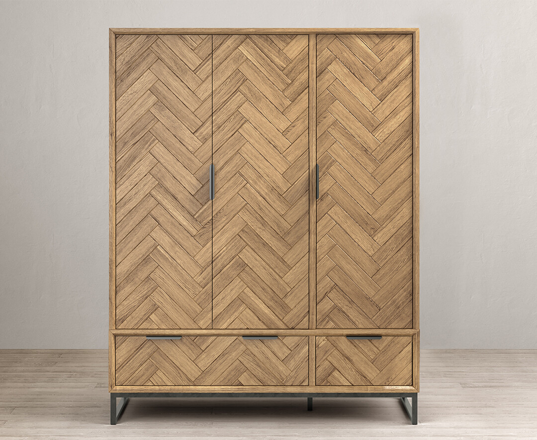 Product photograph of Herringbone Solid Oak Triple Wardrobe from Oak Furniture Superstore