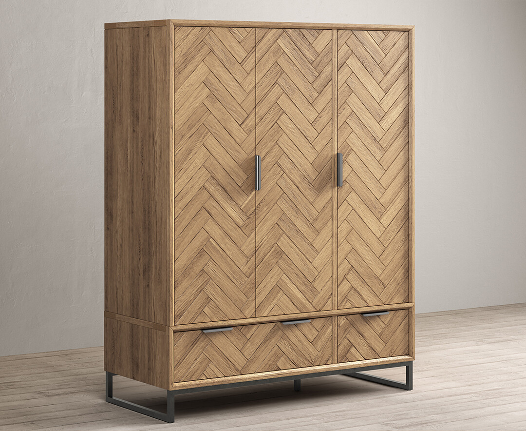 Product photograph of Herringbone Solid Oak Triple Wardrobe from Oak Furniture Superstore.
