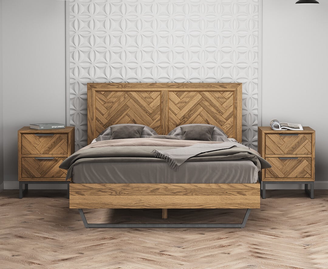Herringbone Solid Oak Double Bed