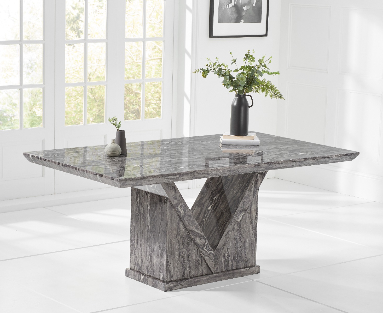 Photo 1 of Milan 160cm grey marble dining table with 4 brown novara chairs