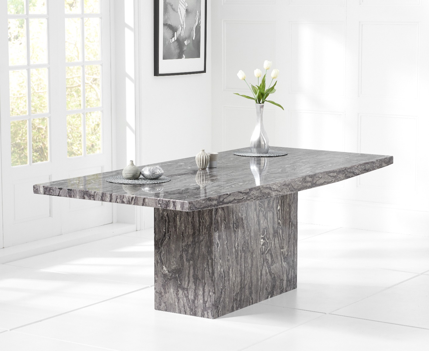 Photo 2 of Crema 160cm grey marble dining table with 8 black austin chairs