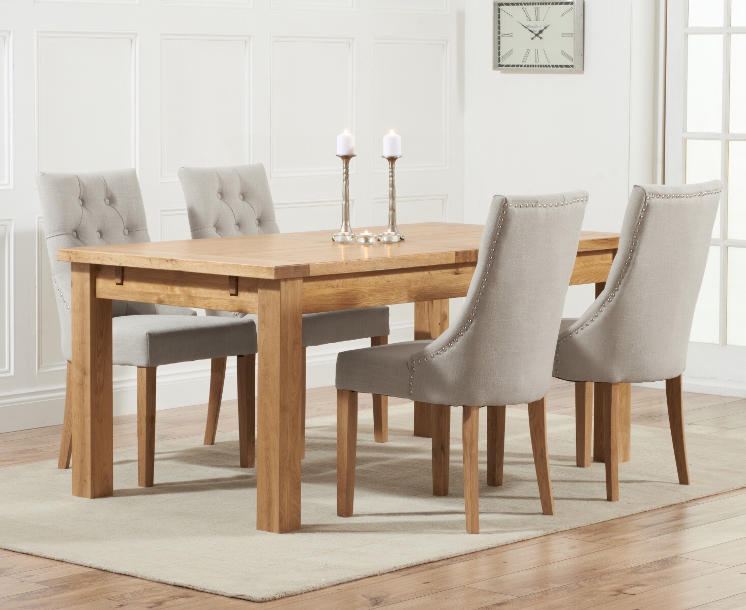 Product photograph of Normandy 180cm Solid Oak Extending Dining Table With 8 Cream Beatrix Fabric Chairs from Oak Furniture Superstore